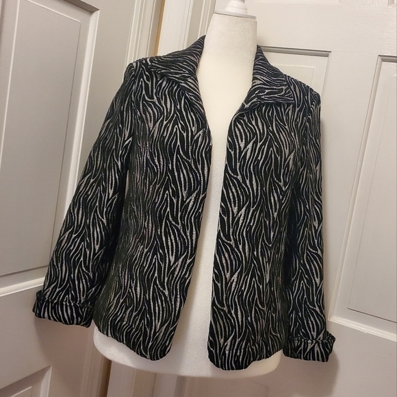 Chico's Black & Silver Zebra Print Open Front Blazer/Jacket Size 2=12/14 velvety - Picture 1 of 11